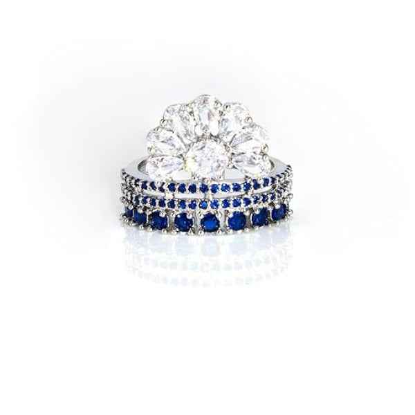 American Diamond Rhodium Plated Blue Adjustable Ring - Statement Band